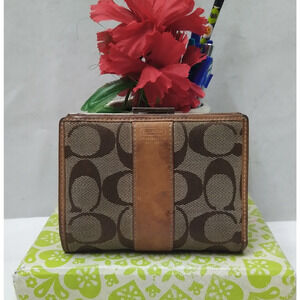 Coach Signature Brown Canvas Leather Trim Credit Card Bifold Wallet